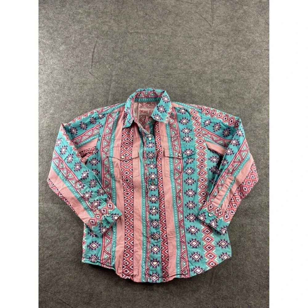 May Lillie Girls M Western Pearl Snap Shirt Pink Turquoise Southwestern Cotton